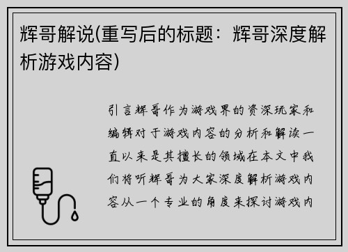 辉哥解说(重写后的标题：辉哥深度解析游戏内容)